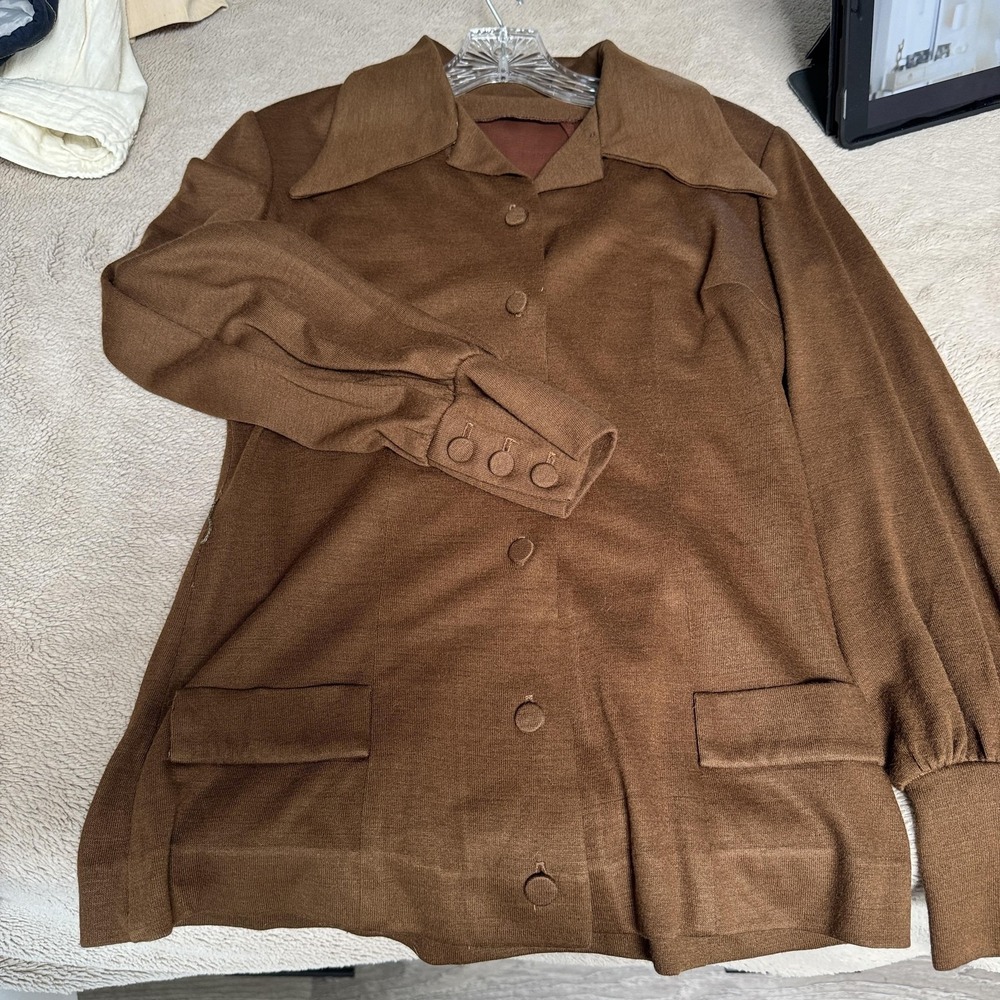 Vintage Blouse Womens Medium Brown Button‎ Front Puff Sleeve Collared Top Knit